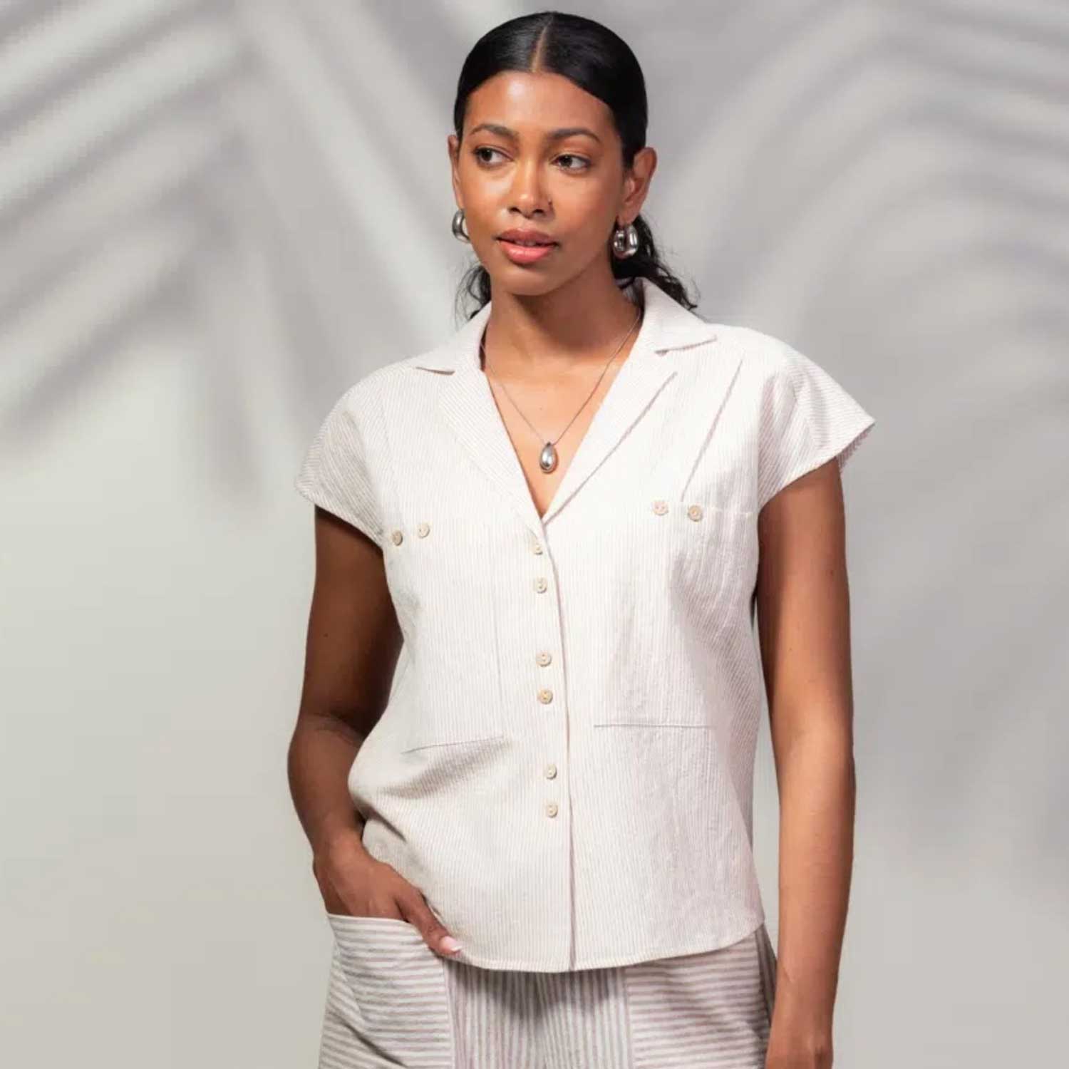 ALISON SHERI Casual Cotton & Linen Blouse in Sand - A45480 1 A45480