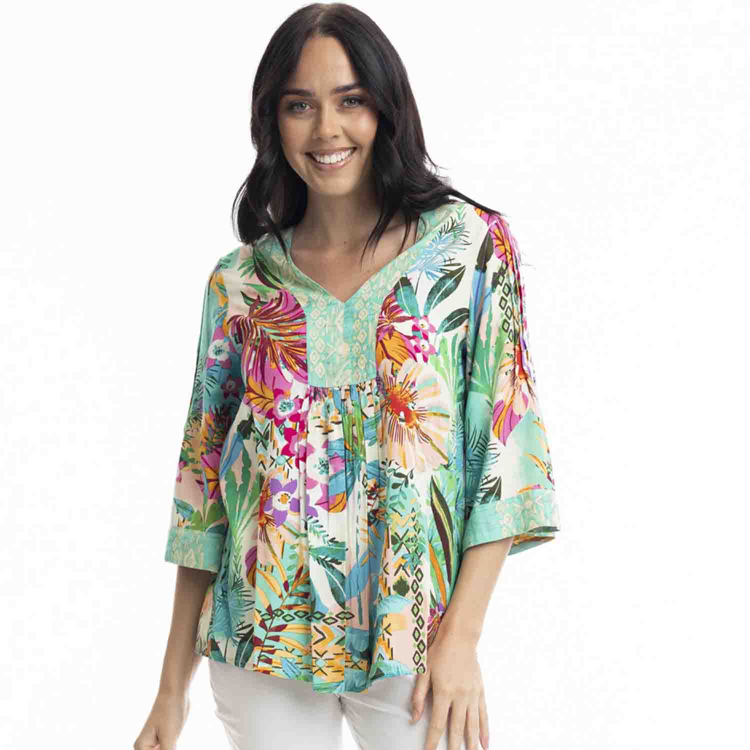ORIENTIQUE Hanalei Placket V Neck Top - 9231 1 127787 l