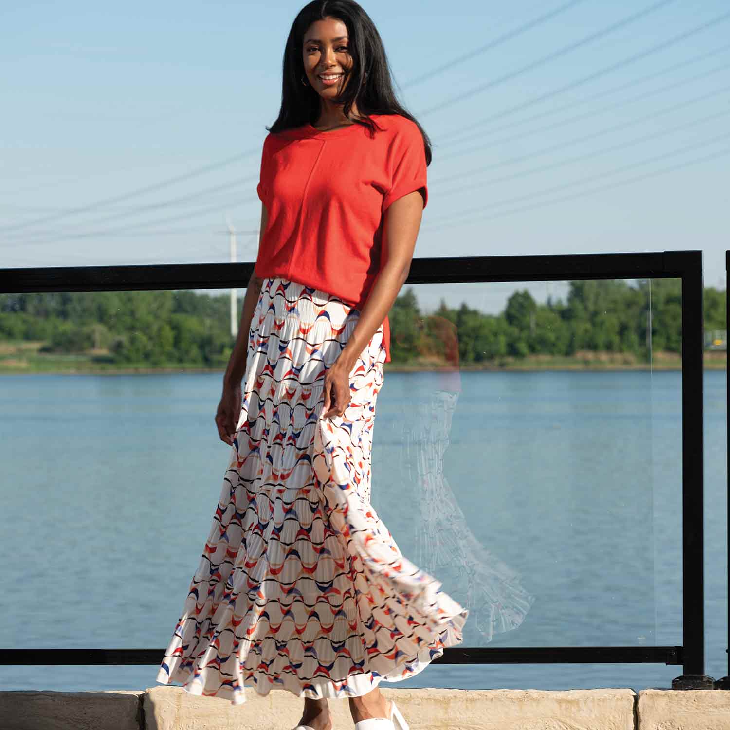 ALISON SHERI Tiered Long Skirt in Coral Print - A45407 1 A45407skirt