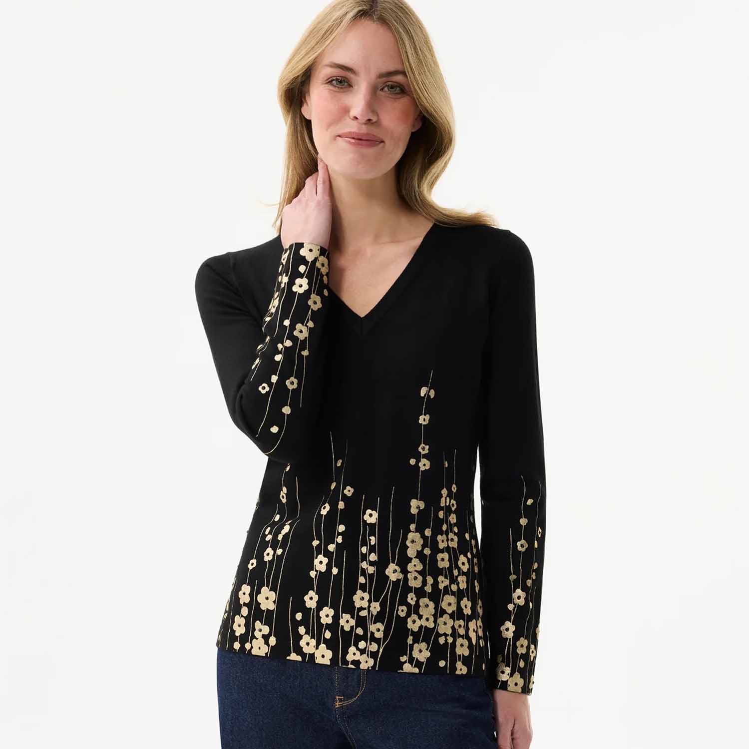 LEO & UGO AW154 V-NECK JUMPER-BLACK/GOLD 1 AW154