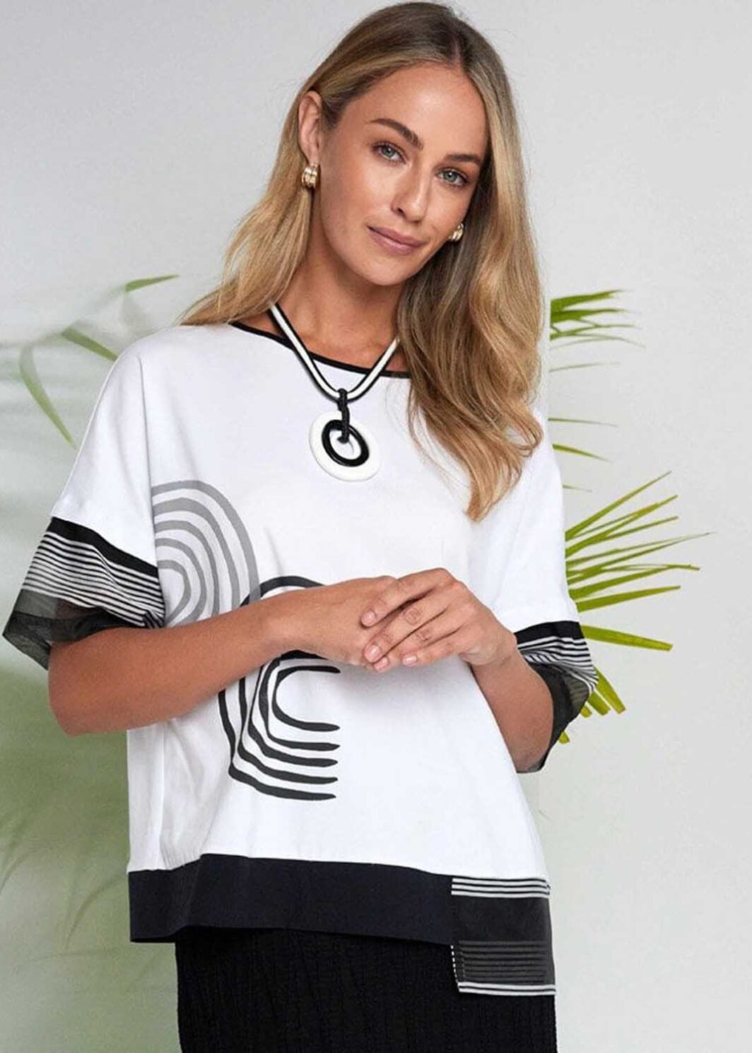 NAYA NAS26259 PRINT/STRIPE TOP-BLACK & WHITE